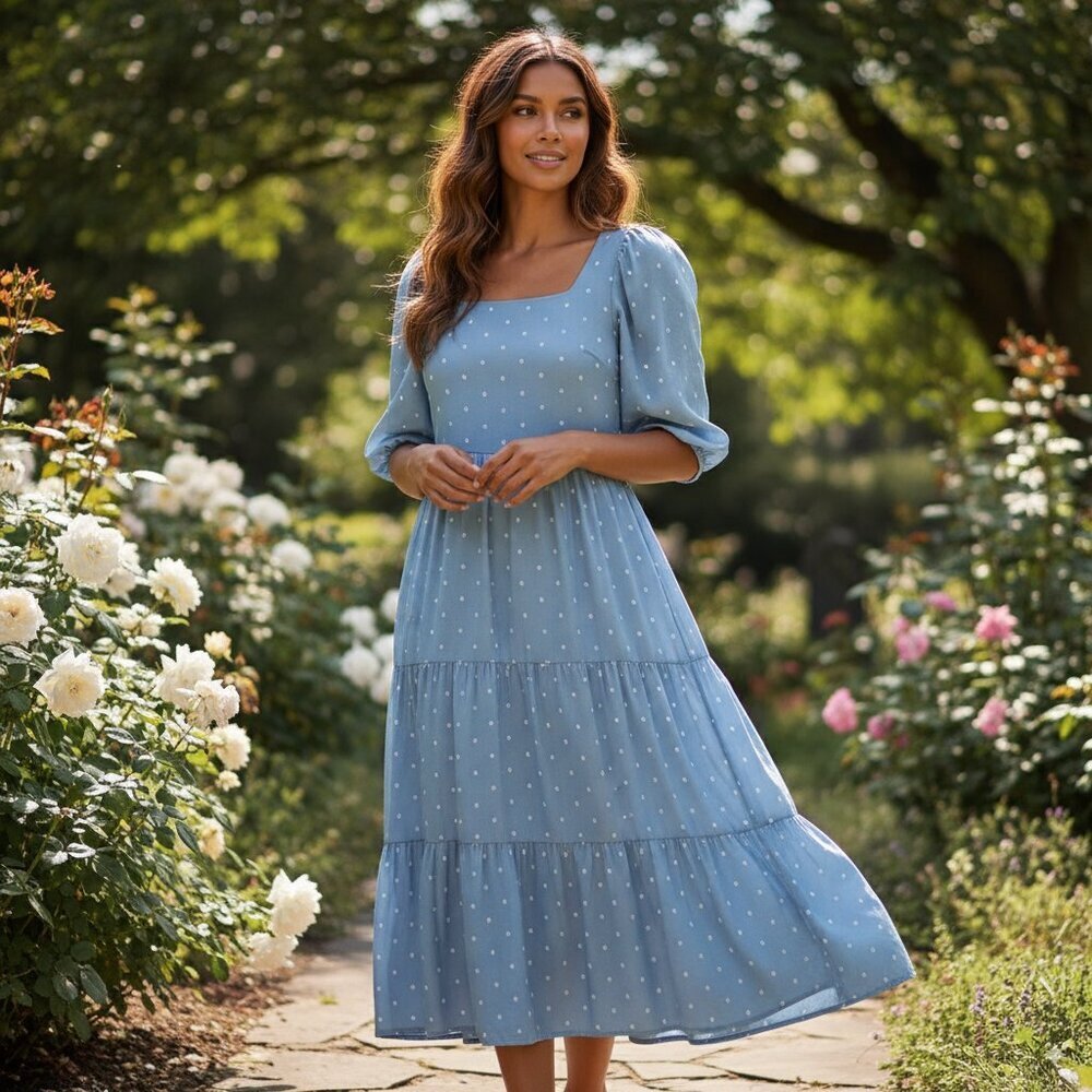 MOON RIVER Clip Dot Midi Tiered Dress